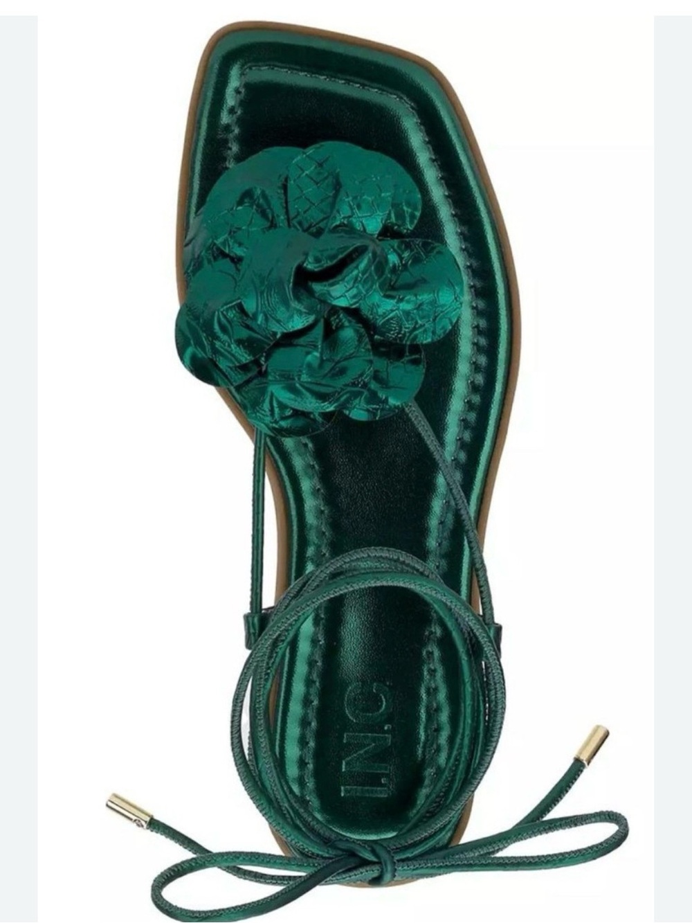 I.N.C. Gilma Flower Flat Metallic Green Viking Gladiator Goddess Sandals Size 6